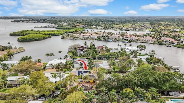 aerial view featuring a residential view and a water view