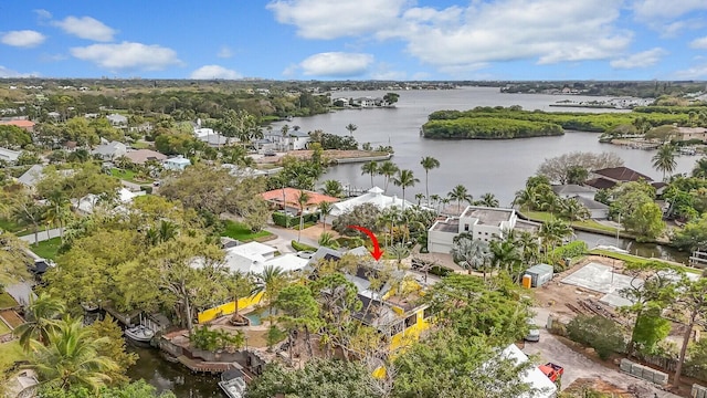 bird's eye view with a residential view and a water view