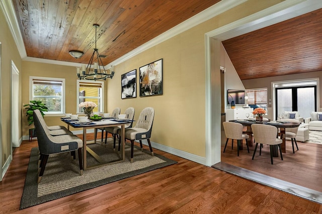 dining room with baseboards, wood finished floors, wooden ceiling, and ornamental molding