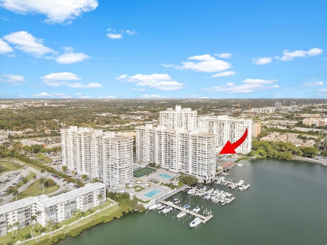 bird's eye view featuring a city view and a water view