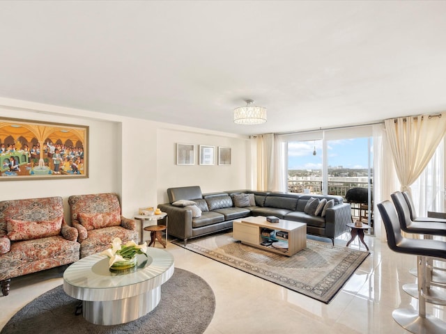 living area featuring a wall of windows and a view of city