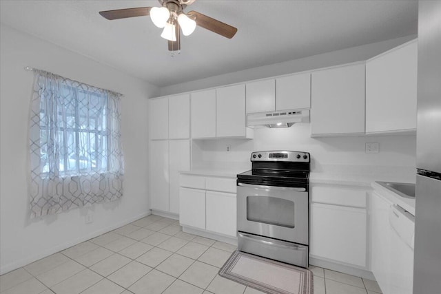 kitchen featuring stainless steel electric range oven, white cabinets, light countertops, and under cabinet range hood