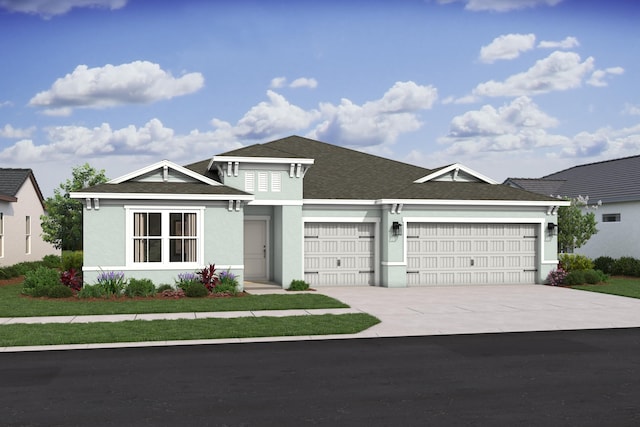 view of front facade with a garage, roof with shingles, concrete driveway, and stucco siding