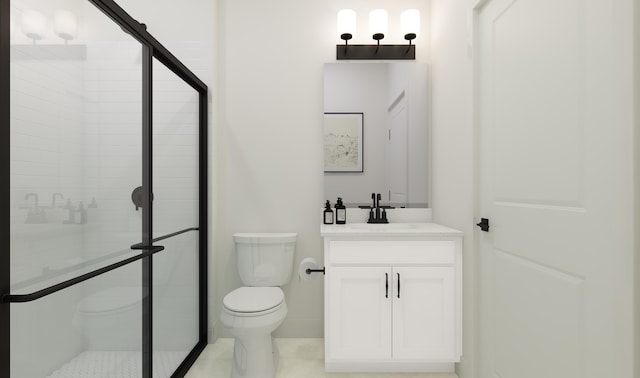 full bathroom with toilet, a stall shower, and vanity