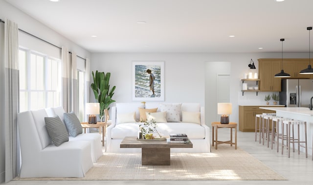 living area featuring recessed lighting and light wood-type flooring