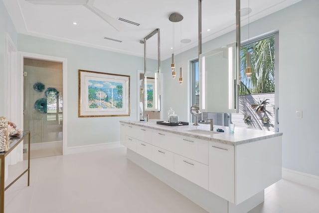 bathroom with visible vents, walk in shower, vanity, and baseboards