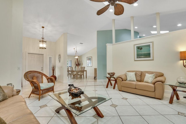 living room featuring recessed lighting, baseboards, and light tile patterned flooring