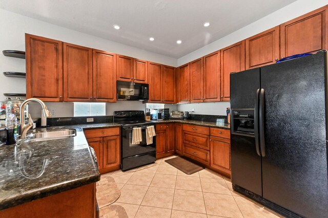 6721 Stonecreek St, Greenacres, FL 33413 - kitchen with black appliances, a sink, open shelves, recessed lighting, and light tile patterned floors