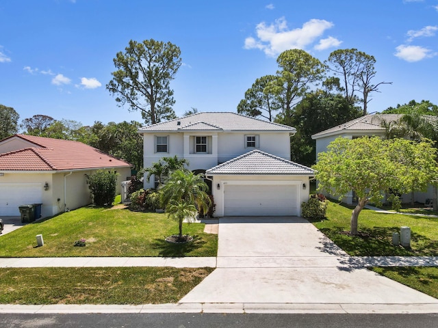 6721 Stonecreek St, Greenacres, FL 33413 - view of front of home with stucco siding, a front lawn, a tiled roof, an attached garage, and driveway