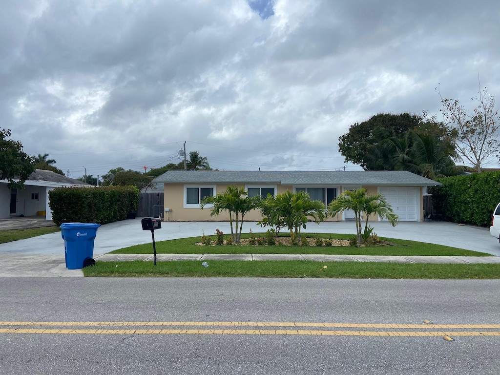 view of front of property featuring concrete driveway, an attached garage, and stucco siding