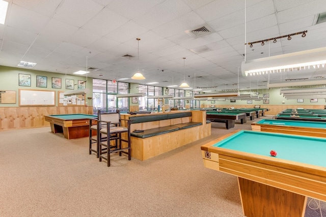 playroom with a paneled ceiling, wainscoting, pool table, and visible vents