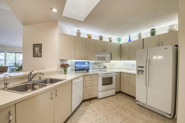 6275 SE Charleston Pl Unit B203, Hobe Sound, FL 33455 - kitchen featuring white appliances, a sink, a textured ceiling, light countertops, and light tile patterned floors