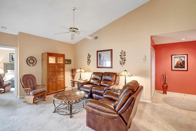 living room with baseboards, visible vents, a ceiling fan, and light colored carpet