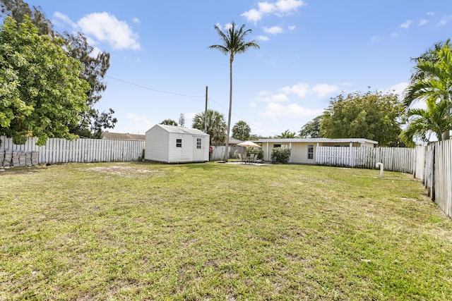 view of yard with an outbuilding, a shed, and a fenced backyard