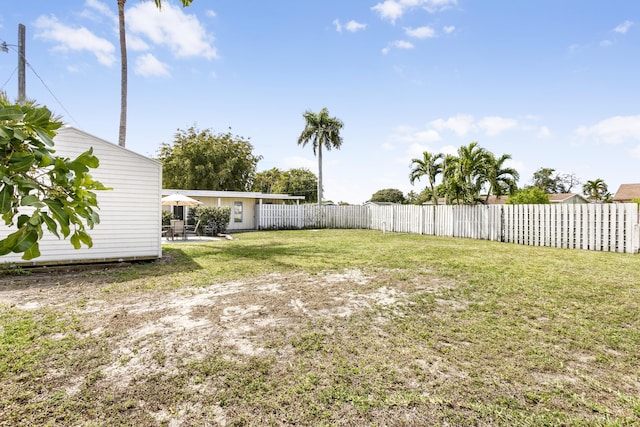 view of yard with a fenced backyard and a patio