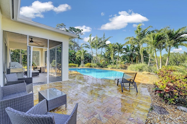 17111 40th Run N, Loxahatchee, FL 33470 - pool with an outdoor hangout area, a patio, and ceiling fan