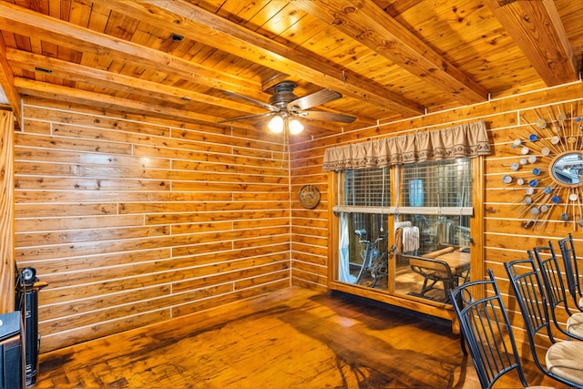 interior space with wood-type flooring, wood walls, ceiling fan, wooden ceiling, and beamed ceiling