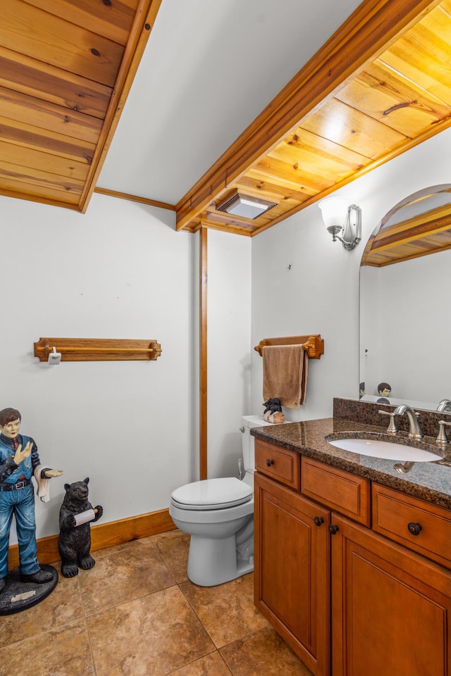 half bath with toilet, wooden ceiling, baseboards, and vanity