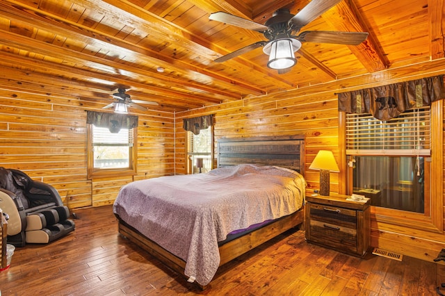 bedroom featuring wood walls, visible vents, wood ceiling, hardwood / wood-style floors, and beamed ceiling