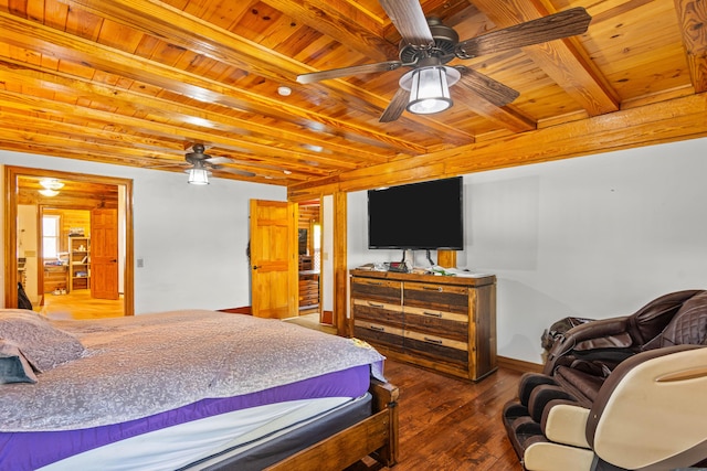 bedroom with wooden ceiling, a ceiling fan, baseboards, beam ceiling, and wood-type flooring