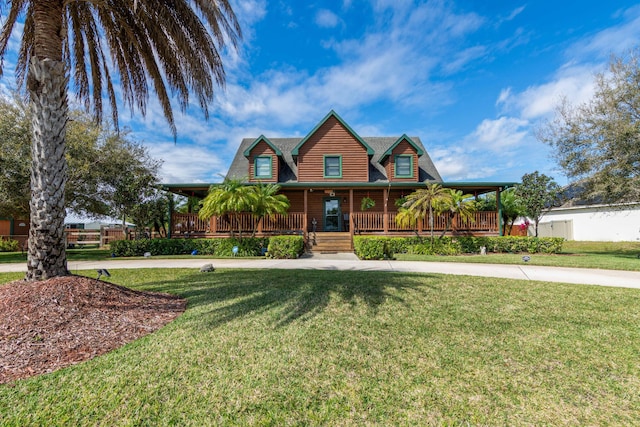 view of front of house featuring a porch, log veneer siding, and a front lawn