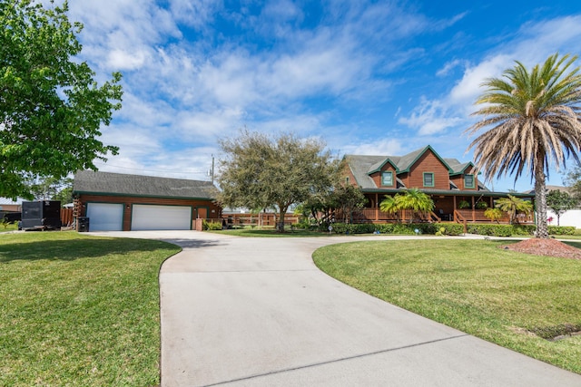 view of front of home with covered porch, an attached garage, a front lawn, and concrete driveway