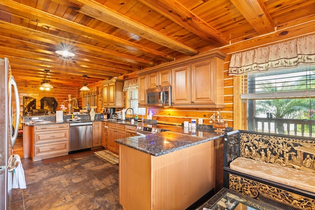 kitchen featuring wooden ceiling, stainless steel appliances, a peninsula, beam ceiling, and dark stone counters