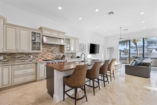 kitchen with under cabinet range hood, cream cabinetry, visible vents, and a sink