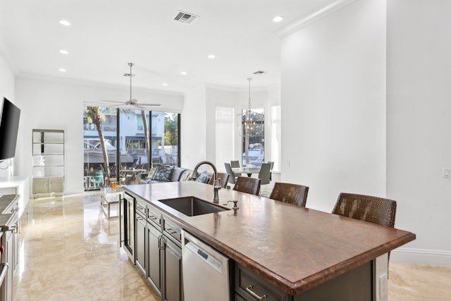 kitchen with dishwashing machine, crown molding, visible vents, and a sink