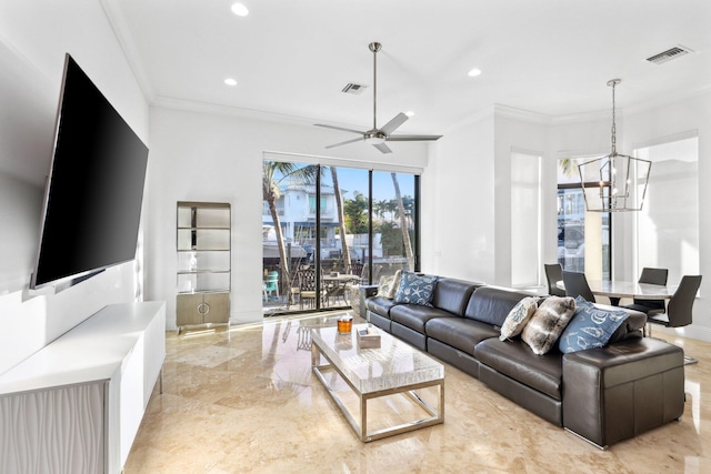 living room with visible vents, recessed lighting, ceiling fan with notable chandelier, and crown molding