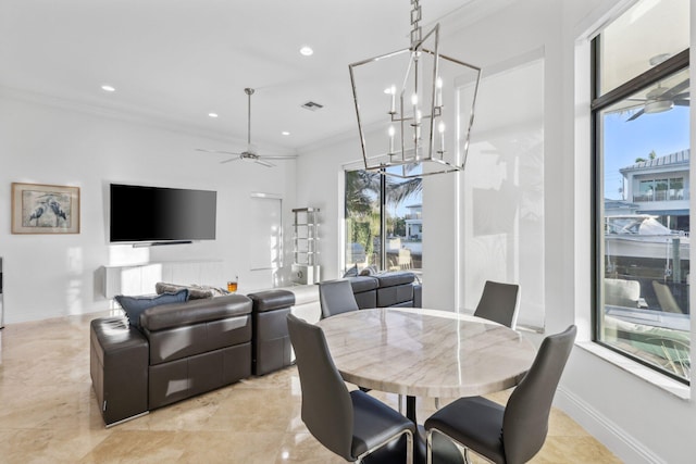 dining space featuring crown molding, recessed lighting, a ceiling fan, and baseboards