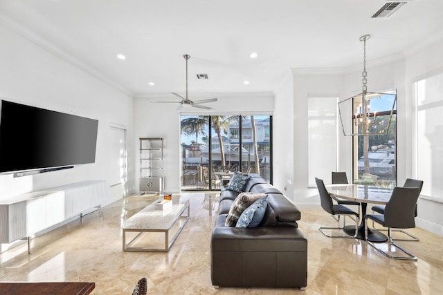 living area with visible vents, marble finish floor, and ornamental molding