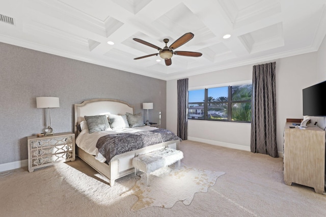 carpeted bedroom with visible vents, baseboards, coffered ceiling, and ornamental molding