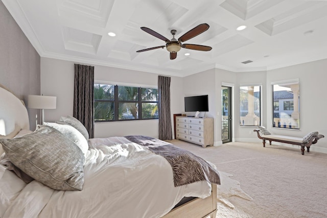 bedroom featuring light colored carpet, coffered ceiling, baseboards, and multiple windows