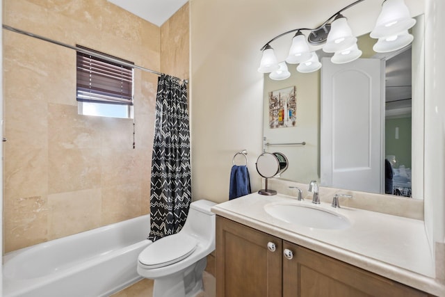 full bathroom with toilet, vanity, and shower / bathtub combination with curtain