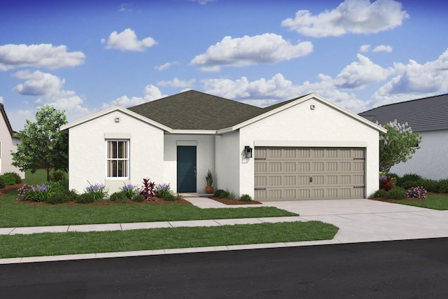 ranch-style house with a front yard, roof with shingles, driveway, stucco siding, and a garage