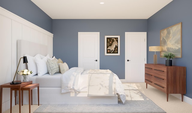 bedroom featuring light colored carpet