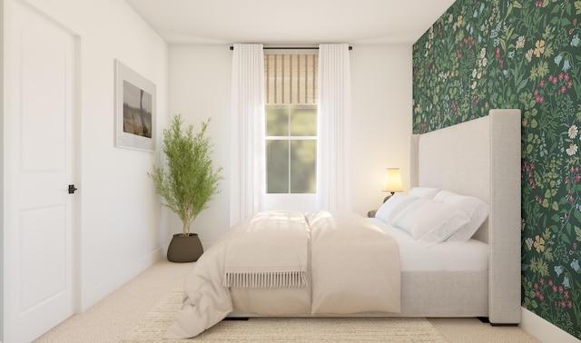 carpeted bedroom featuring wallpapered walls and baseboards