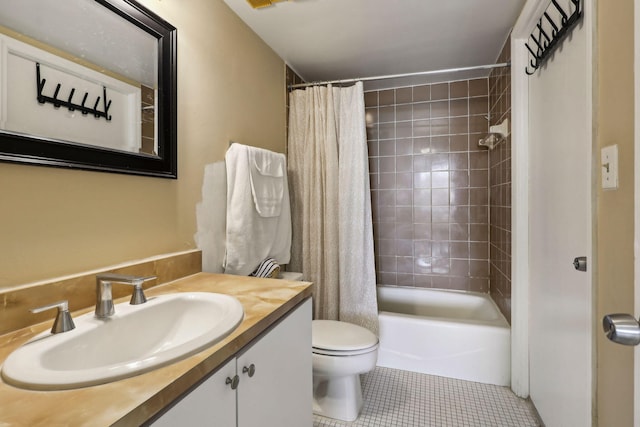 full bath with toilet, shower / tub combo with curtain, vanity, and tile patterned flooring