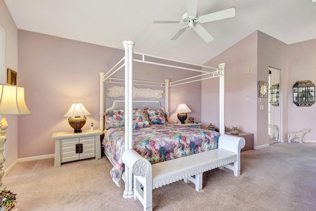 carpeted bedroom featuring vaulted ceiling, a ceiling fan, and baseboards