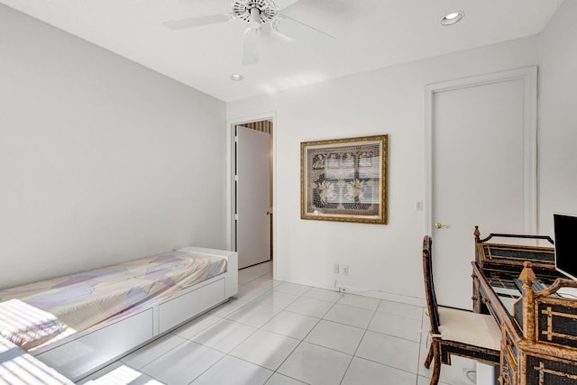 bedroom featuring recessed lighting, light tile patterned flooring, and ceiling fan