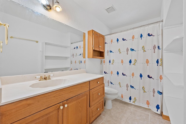 bathroom with curtained shower, tile patterned flooring, toilet, visible vents, and vanity