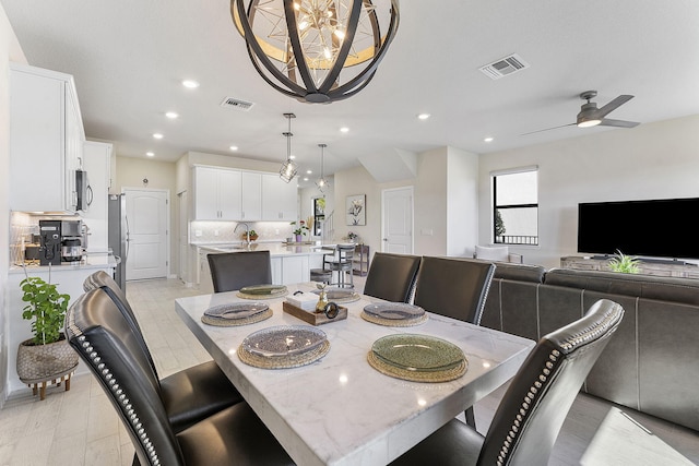 dining space featuring recessed lighting, visible vents, and ceiling fan