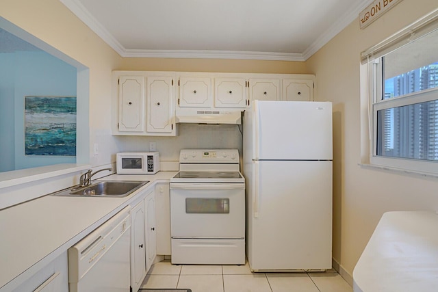 kitchen featuring under cabinet range hood, white appliances, crown molding, and a sink