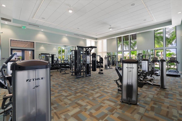 exercise room featuring carpet flooring and visible vents