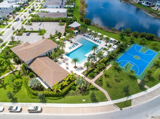 aerial view featuring a water view