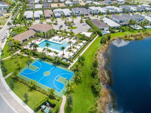 aerial view featuring a water view and a residential view