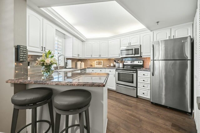 kitchen featuring dark wood-type flooring, decorative backsplash, a peninsula, stainless steel appliances, and a sink