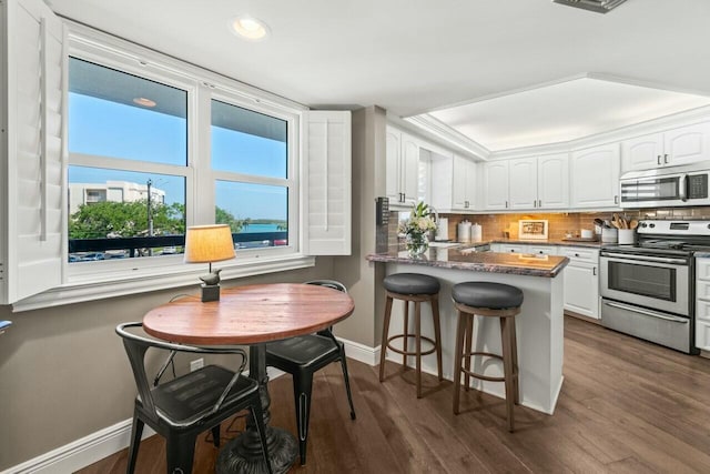 kitchen featuring dark wood finished floors, white cabinets, appliances with stainless steel finishes, and tasteful backsplash