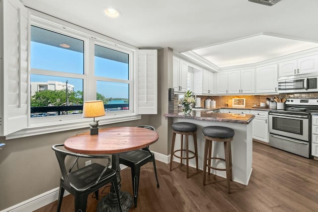kitchen with dark wood-style floors, stainless steel appliances, baseboards, a peninsula, and white cabinetry